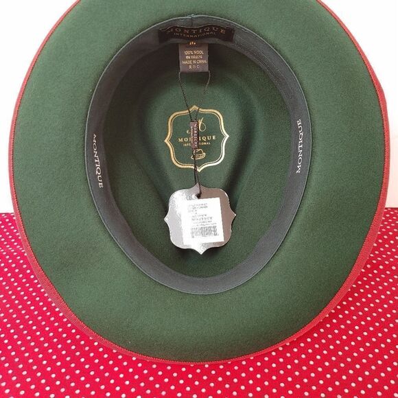 MEN'S MONTIQUE HUNTER GREEN 100% WOOL FELT 2 1/2" BRIM RED TRIM FEDORA HAT. H83 - Picture 5 of 7